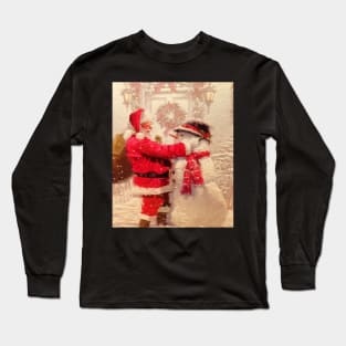 Christmas Design, Santa & Snowman Snowy Traditional Vintage Scene Long Sleeve T-Shirt